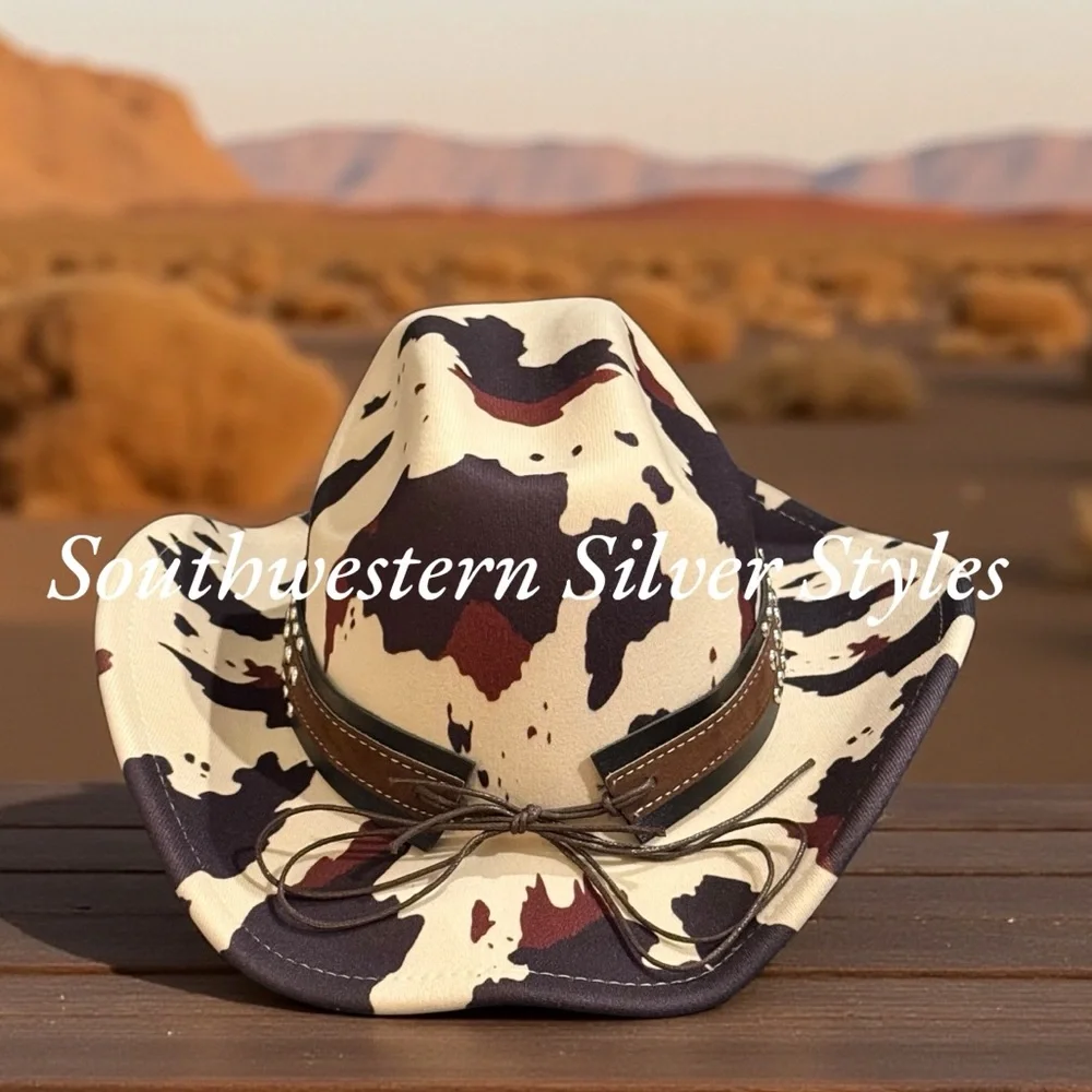 NEW Southwestern Cowhide Print Vegan Suede Leather Light Tan Brown Cowboy Hat